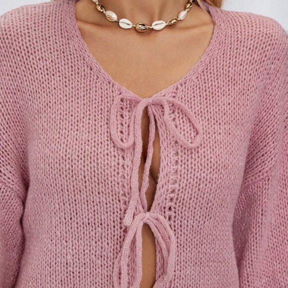 Pink Casual Women's Tie Front Belt Solid Blush Color Knitwear Sweater Cardigan - Picture 5 of 7